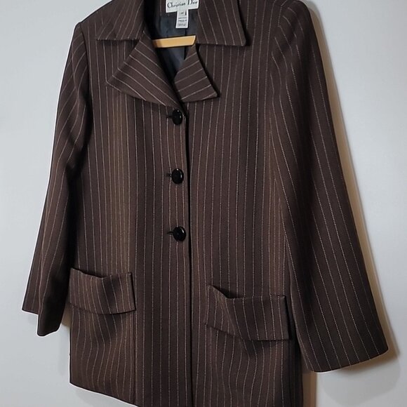 Christian Dior Brown Pinstripe Blazer Jacket Womens Size 12 Classic Tailored Loo - Picture 13 of 16